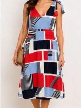 Sleeveless V-Neck Geometric Print Midi Dress in Red, Blue & Navy